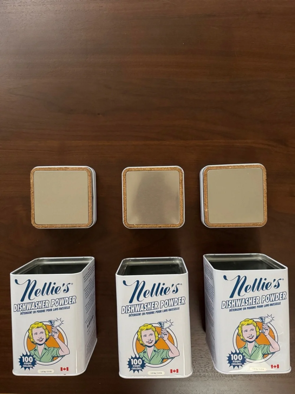 3 CANISTERS REFILLABLE STORAGE METAL TIN CORK SEAL LID EMPTY Nellie's DW Powder